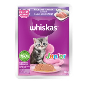 A pouch of WHISKAS® Junior Wet Cat Food in Mackerel flavor for kittens