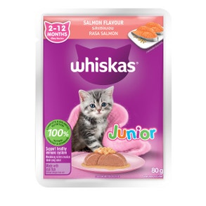 A pouch of WHISKAS® Junior Wet Cat Food in Salmon flavor for kittens