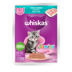 A pouch of WHISKAS® Junior Wet Cat Food in Tuna flavor for kittens