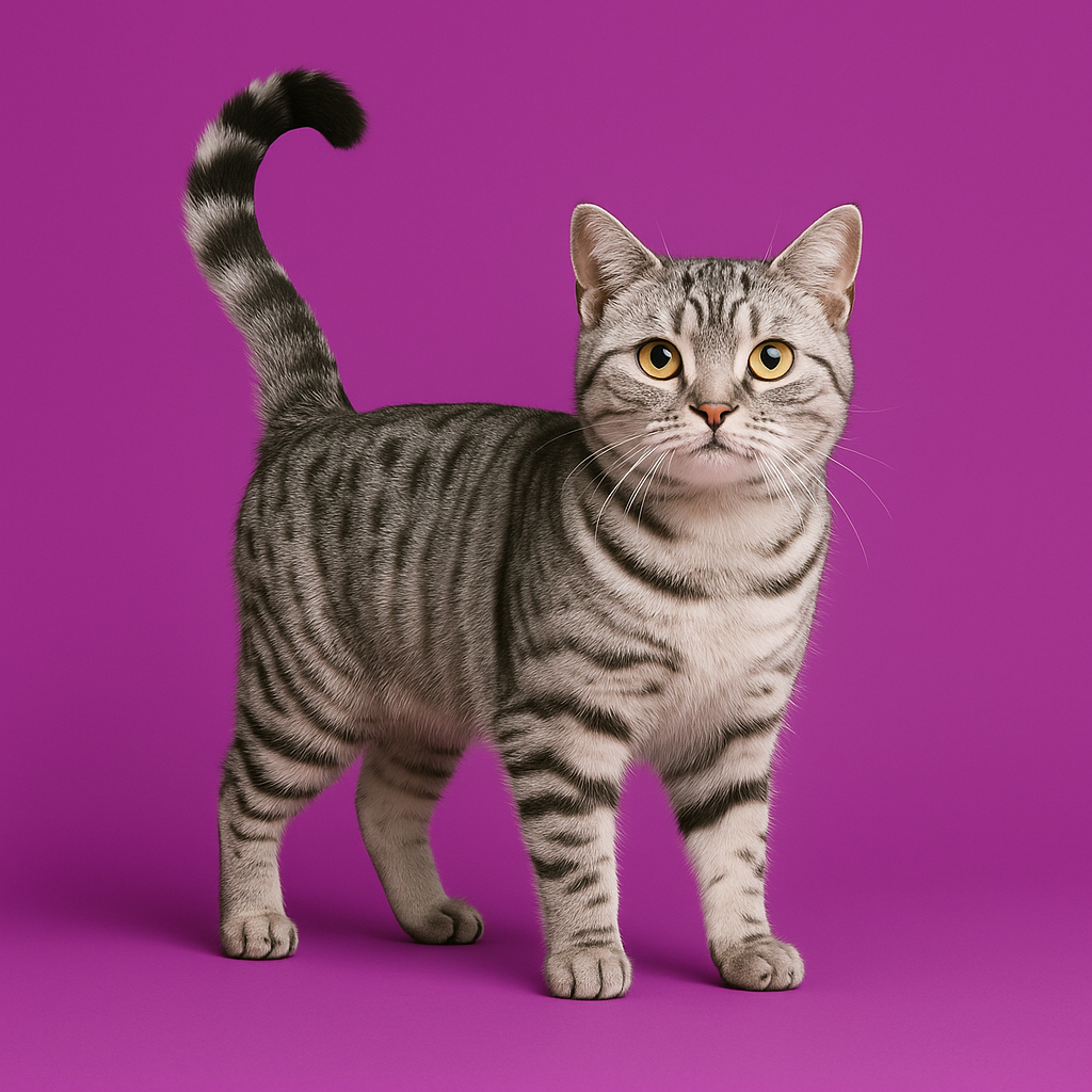 Adult silver tabby cat standing with its tail in a curved question-mark-like position