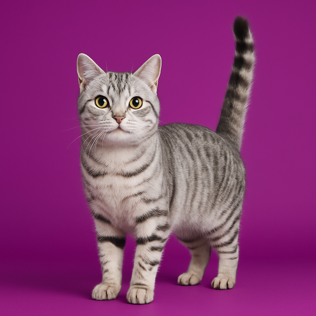 Adult silver tabby cat standing with its tail upright and flagging