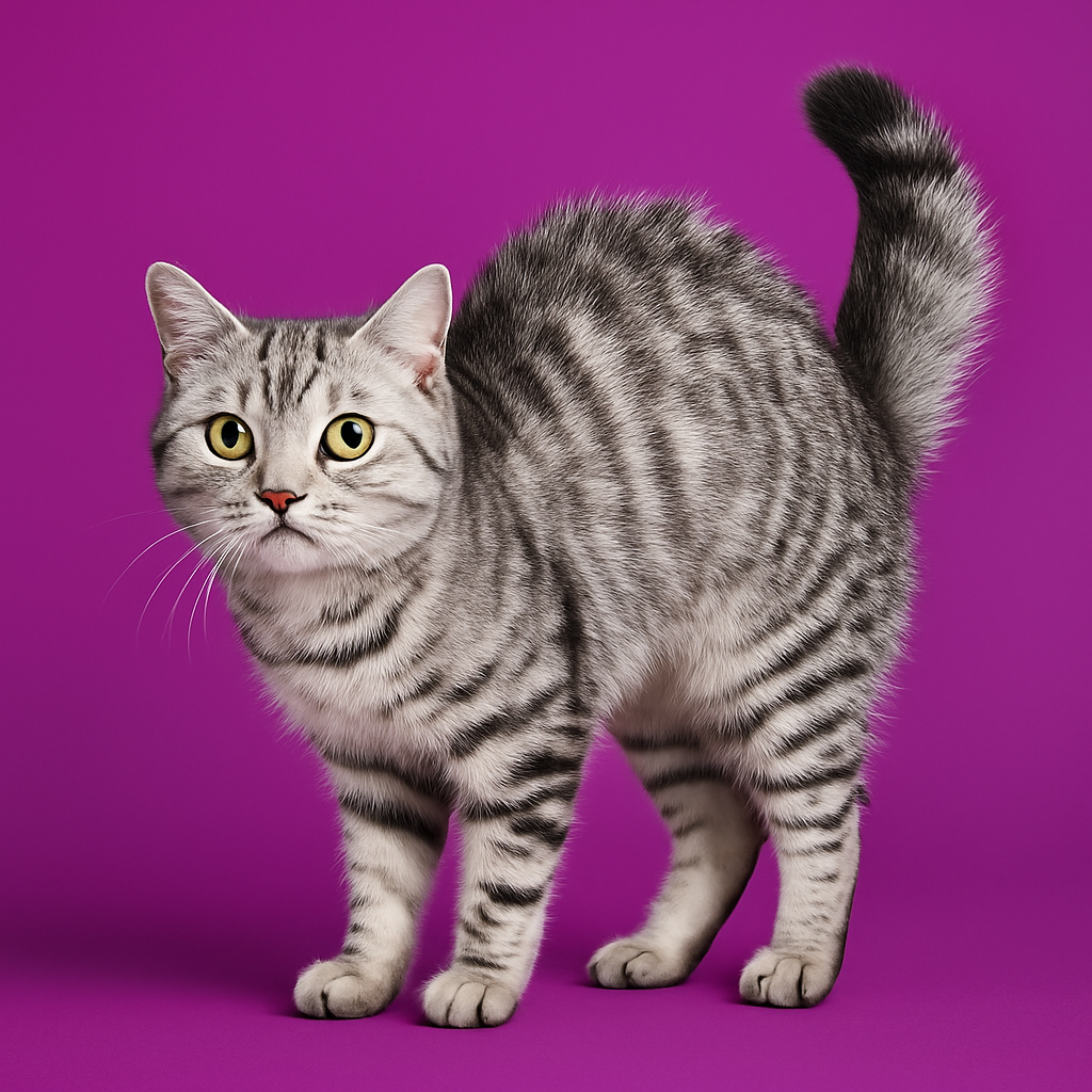 Adult silver tabby cat in a defensive posture with its tail puffed up