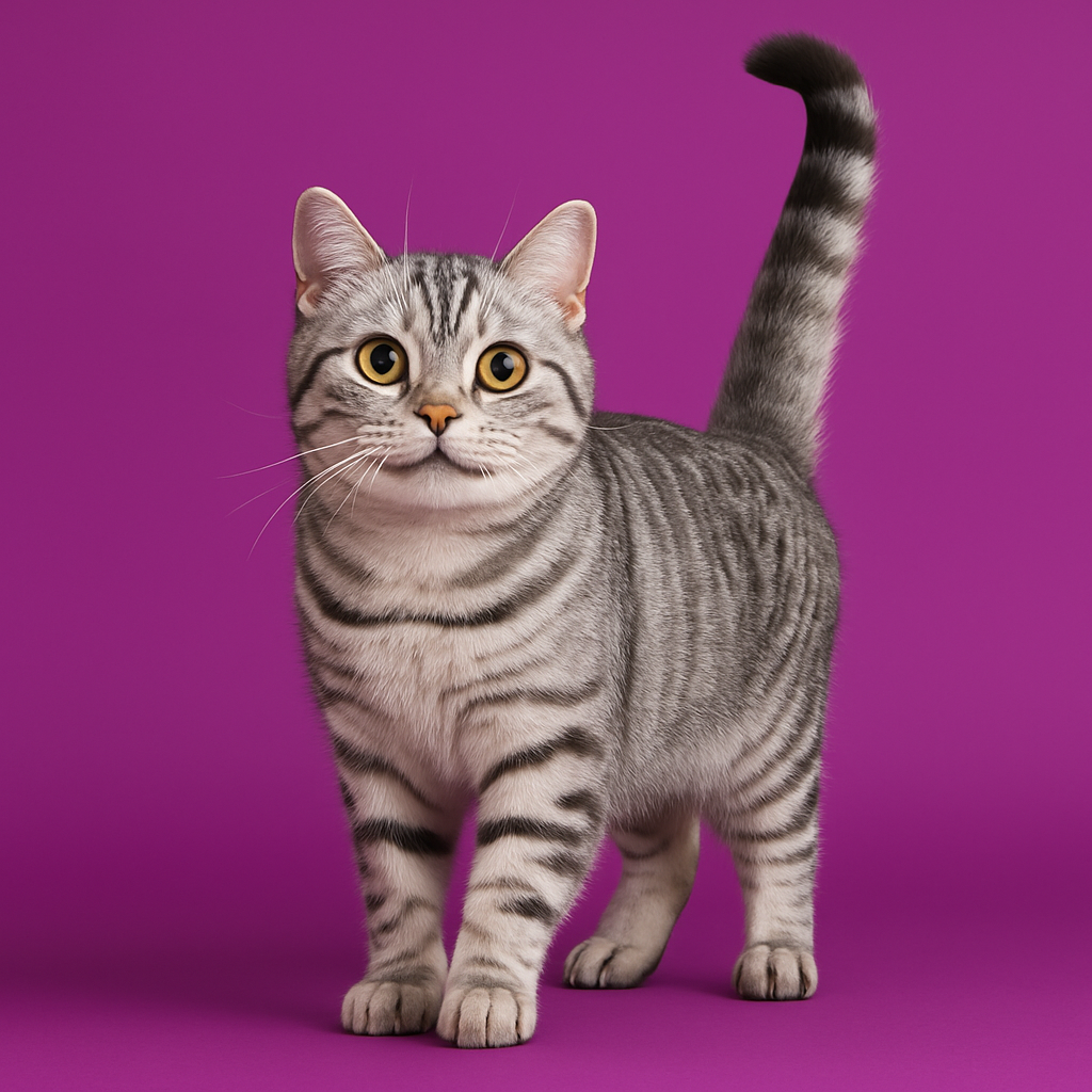 Adult silver tabby cat standing with its tail up