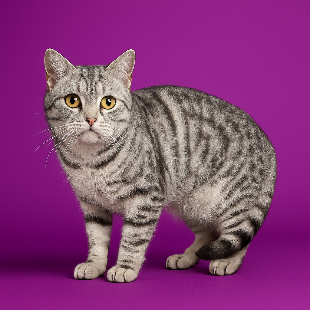 Adult silver tabby cat with its tail tucked