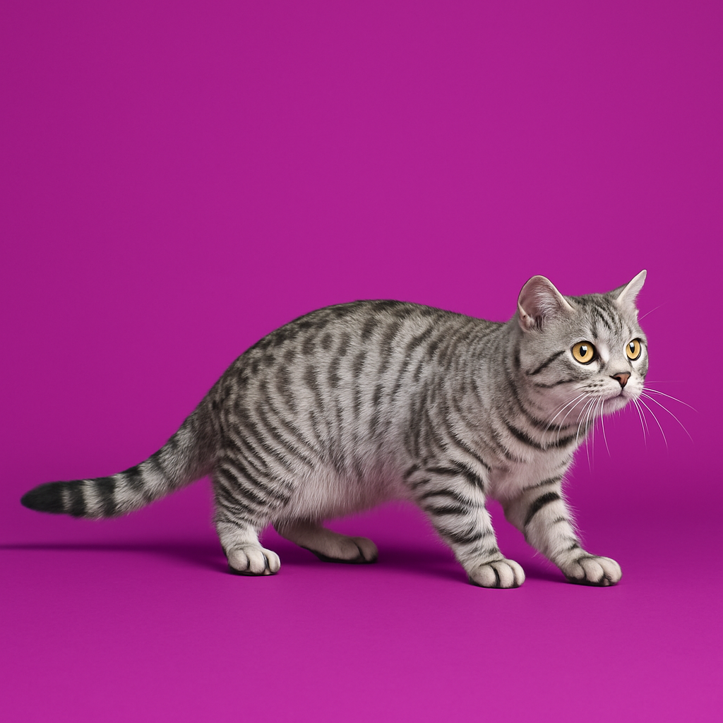 Adult silver tabby cat crouching with its tail positioned horizontally