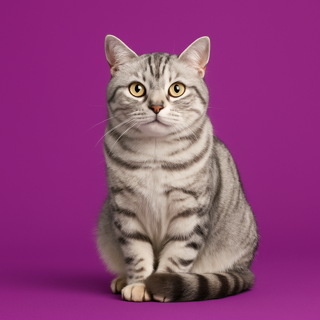 Adult silver tabby cat standing with a relaxed expression with its tail wrapped around its body