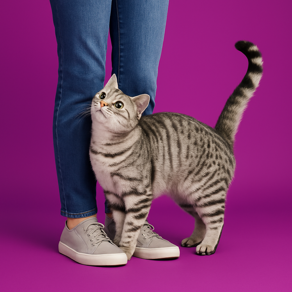 Silver tabby cat rubbing its tail against a pair of legs wearing jeans